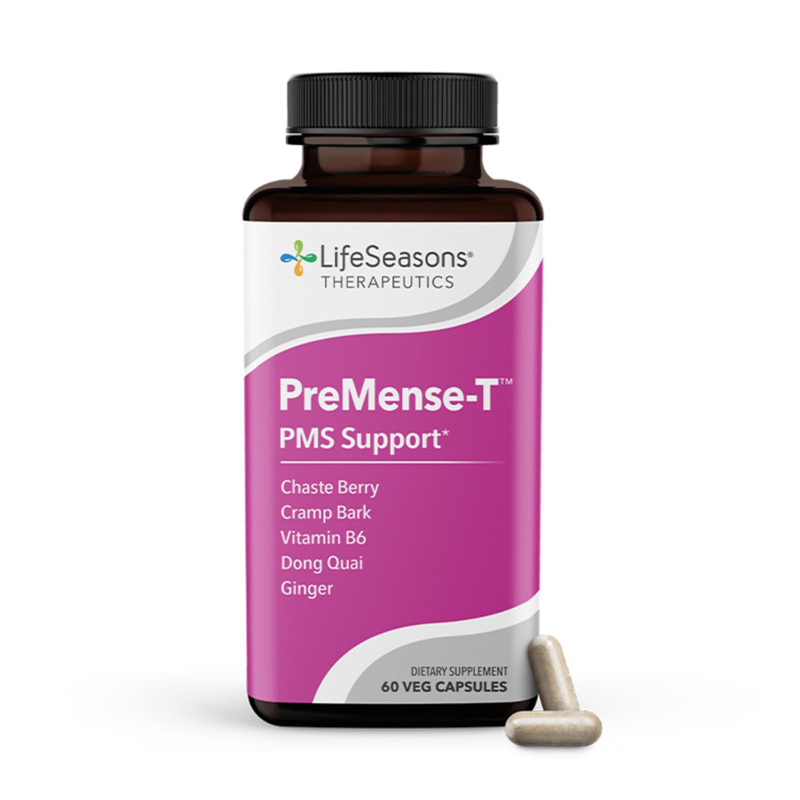LifeSeasons PreMense-T bottle front suggests natural support for monthly comfort