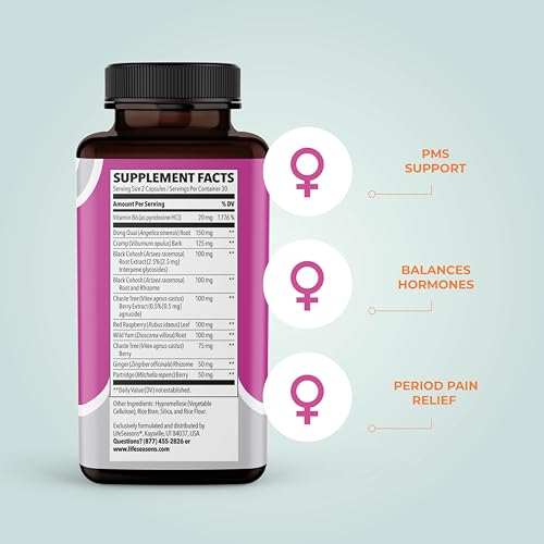LifeSeasons PreMense-T capsules close-up emphasizes ginger and dong quai ingredients