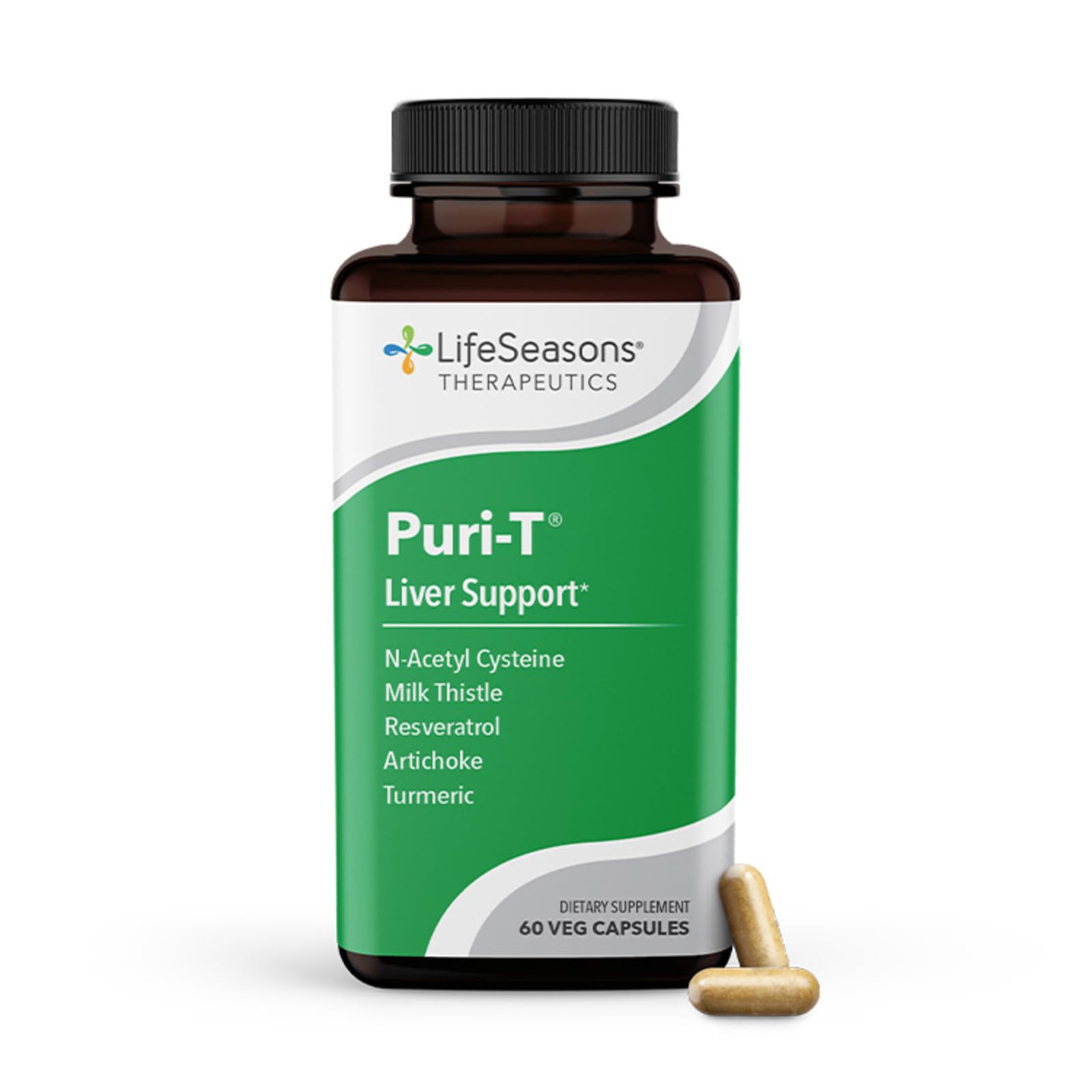 LifeSeasons Puri-T bottle front showing liver support and detox focus.