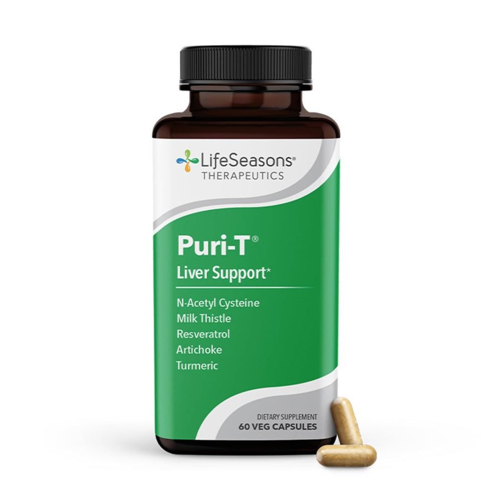 LifeSeasons Puri-T bottle front showing liver support and detox focus.