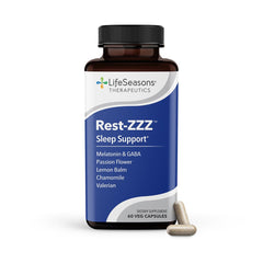 LifeSeasons Rest-ZZZ capsules on a calm night backdrop, supporting a relaxed pre-sleep routine.