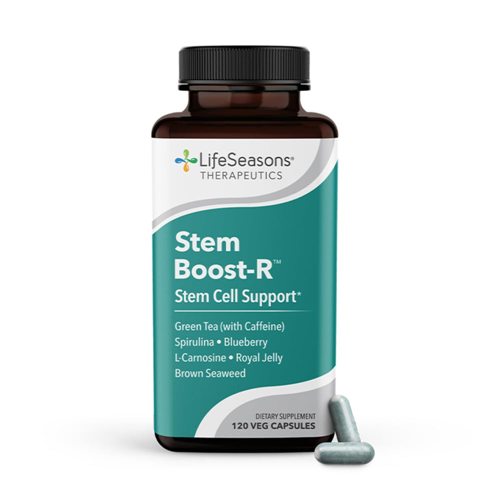 LifeSeasons Stem Boost-R bottle with capsules for daily tissue-support potential.