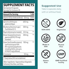 Capsules enriched with spirulina and blueberry for antioxidant support.