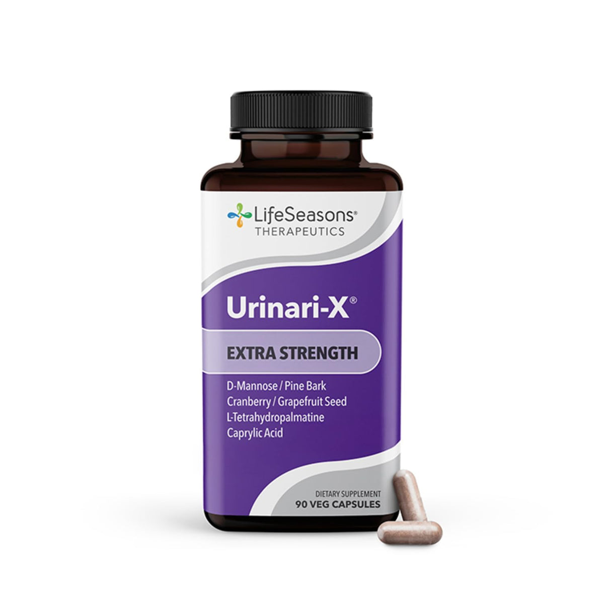 LifeSeasons Urinari-X Extra Strength bottle showing 90 capsules for urinary support.