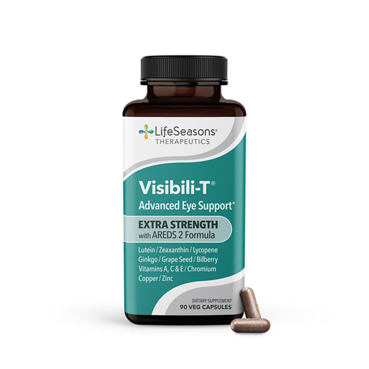 LifeSeasons Visibili-T Extra Strength bottle close-up showing eye health support.