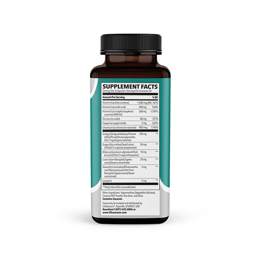 LifeSeasons Visibili-T Extra Strength capsules close-up for daily eye routine.