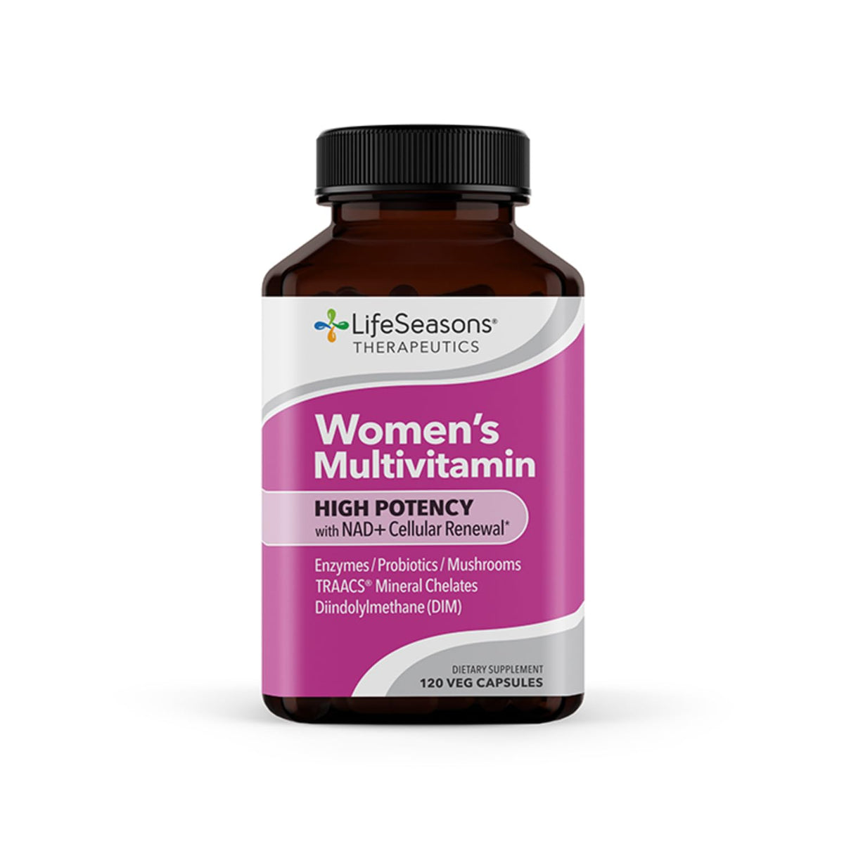 LifeSeasons Women's Multivitamin bottle with 120 veggie capsules for daily energy support.