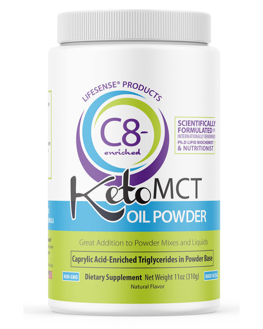 LifeSense C8 enriched MCT oil powder pour highlights keto-friendly energy on the go.
