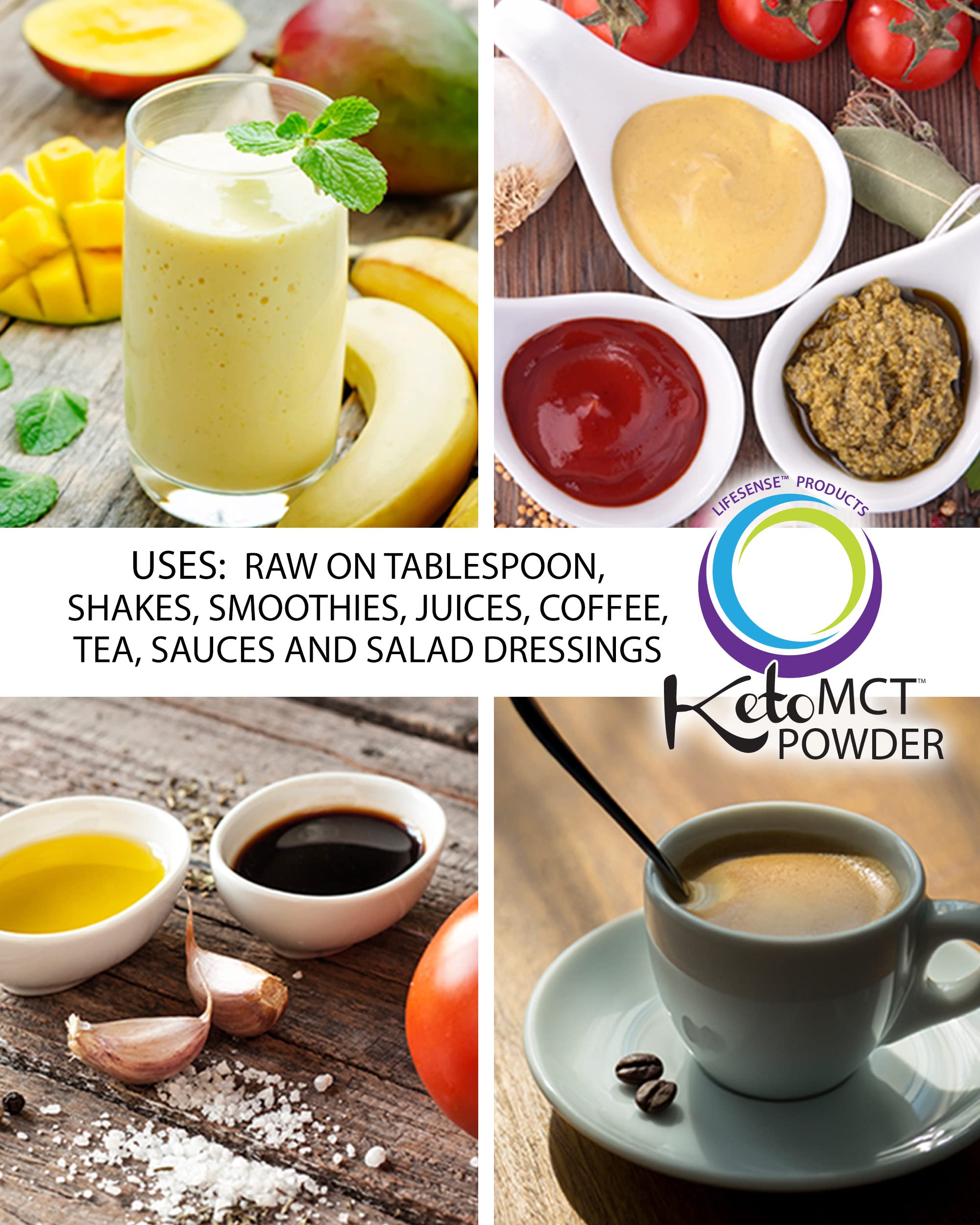 LifeSense C8 enriched MCT oil powder tea mug scene suggests steady energy with tea.