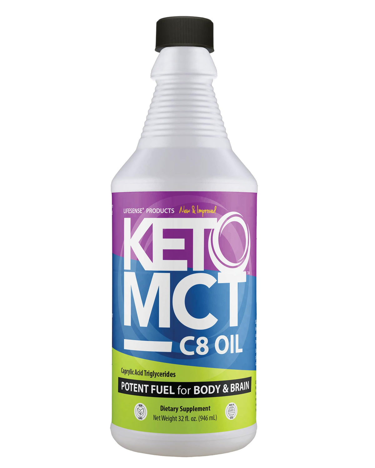 LifeSense C8 MCT Oil bottle setup; keto energy support.