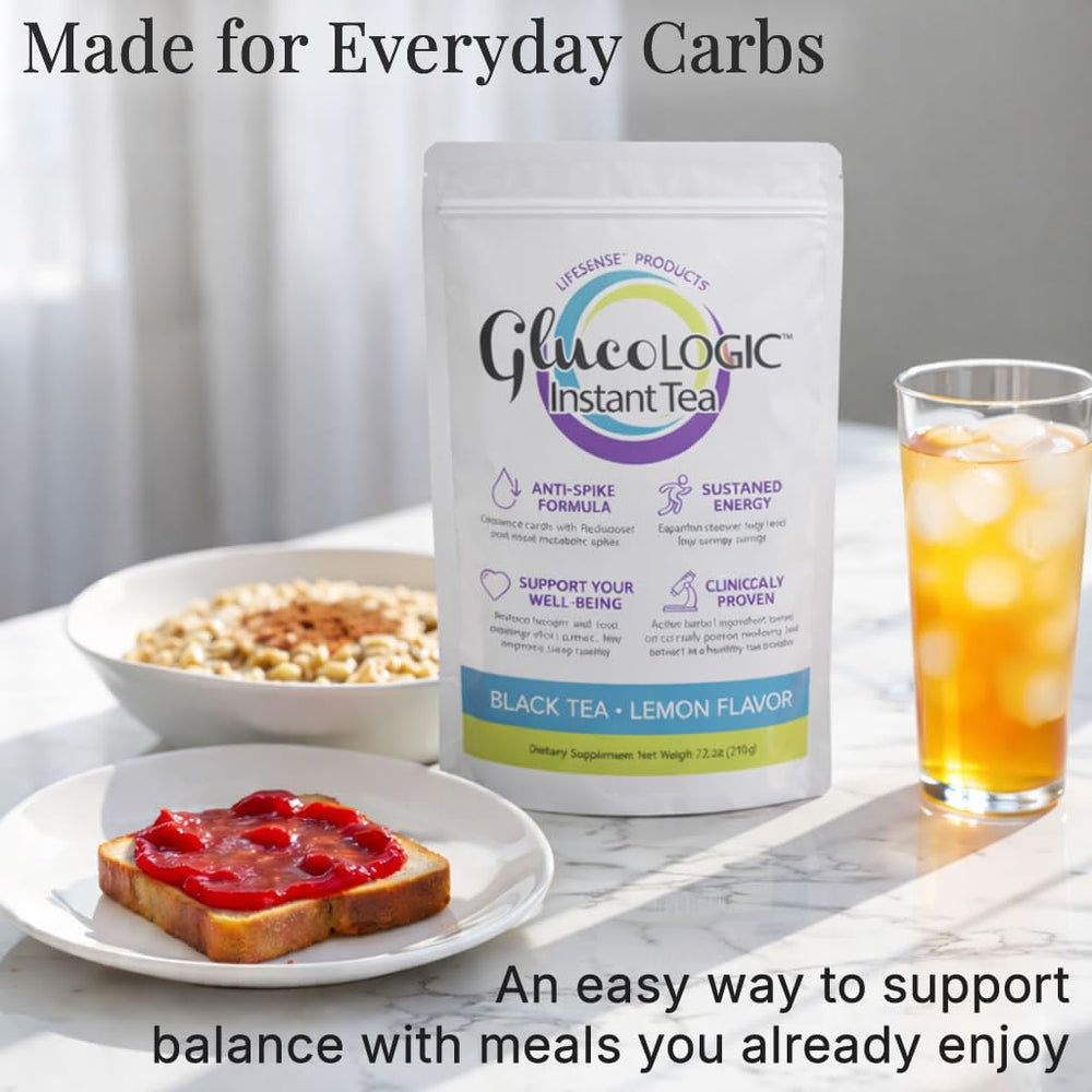 LifeSense GlucoLogic black tea infusion showing polyphenol-rich antioxidants and steady energy.