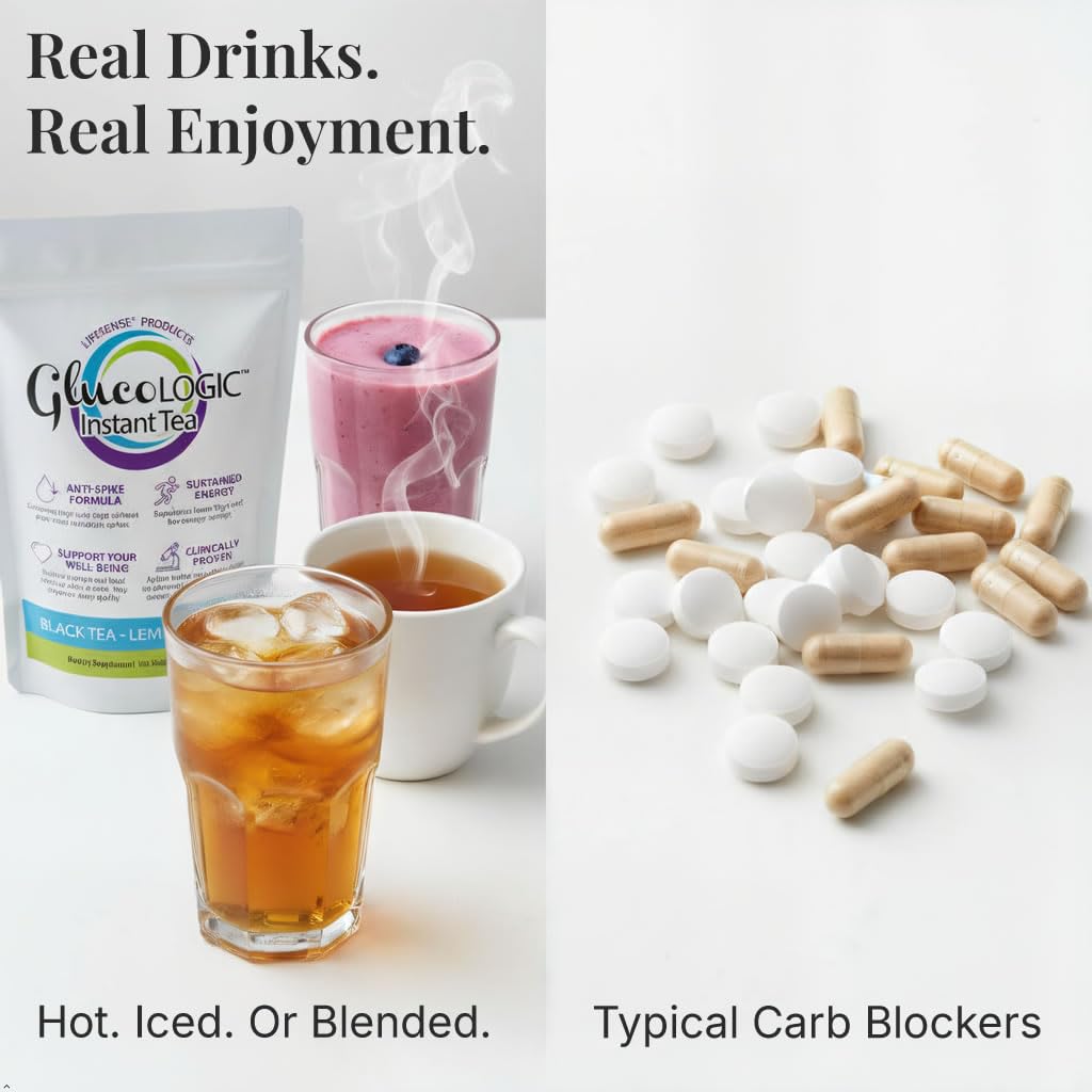 LifeSense GlucoLogic prebiotic inulin fiber visible near tea to support gut health.