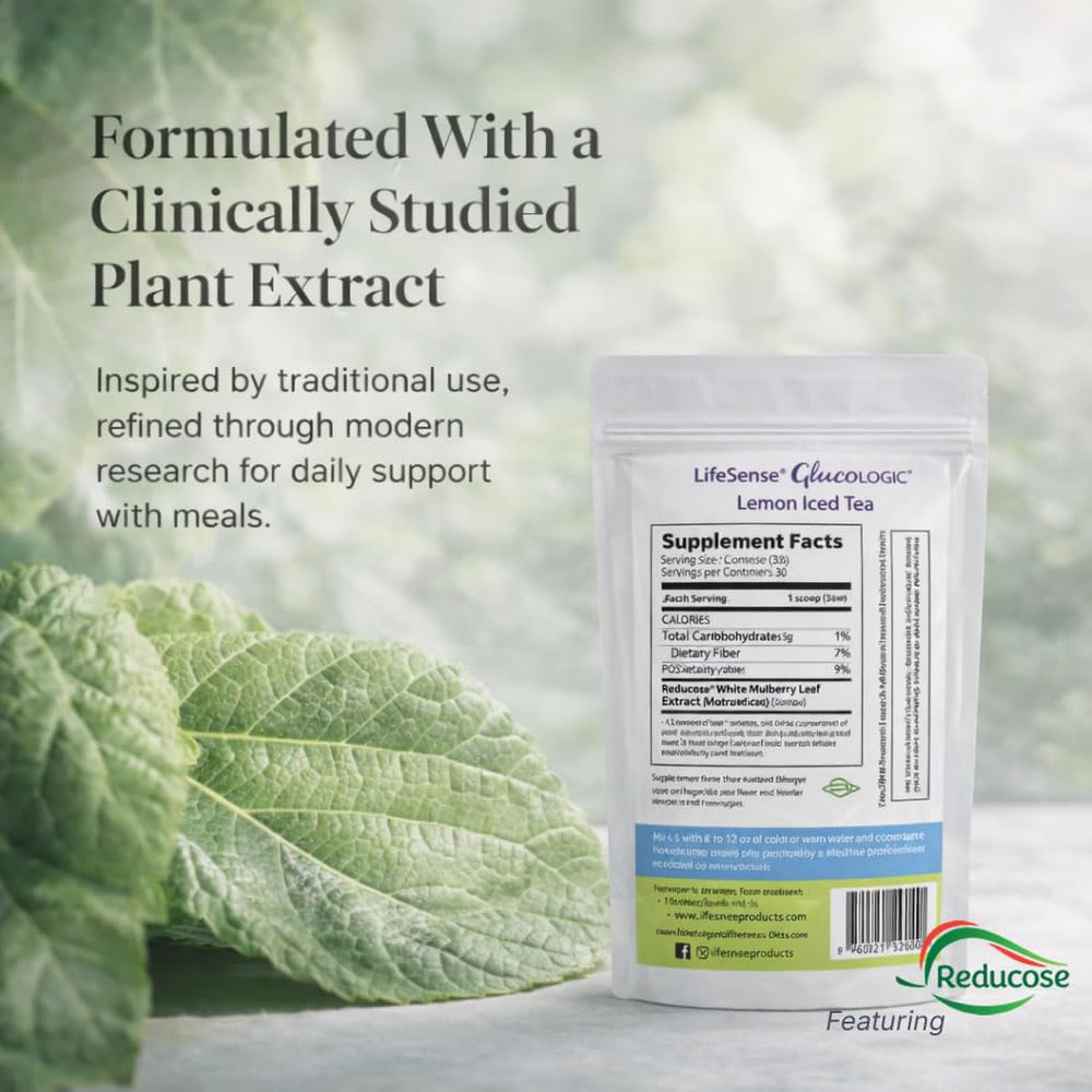 LifeSense GlucoLogic tea bag closeup highlighting balanced sugar response.