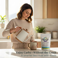 LifeSense GlucoLogic white mulberry leaf extract powder closeup indicating metabolic support.