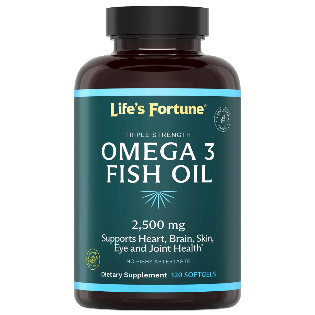 Life's Fortune bottle softgels showing high-potency omega-3 for daily heart and brain support