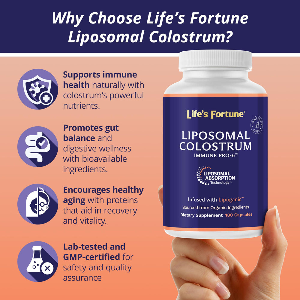 Life's Fortune liposomal colostrum capsules laid out for easy daily use.