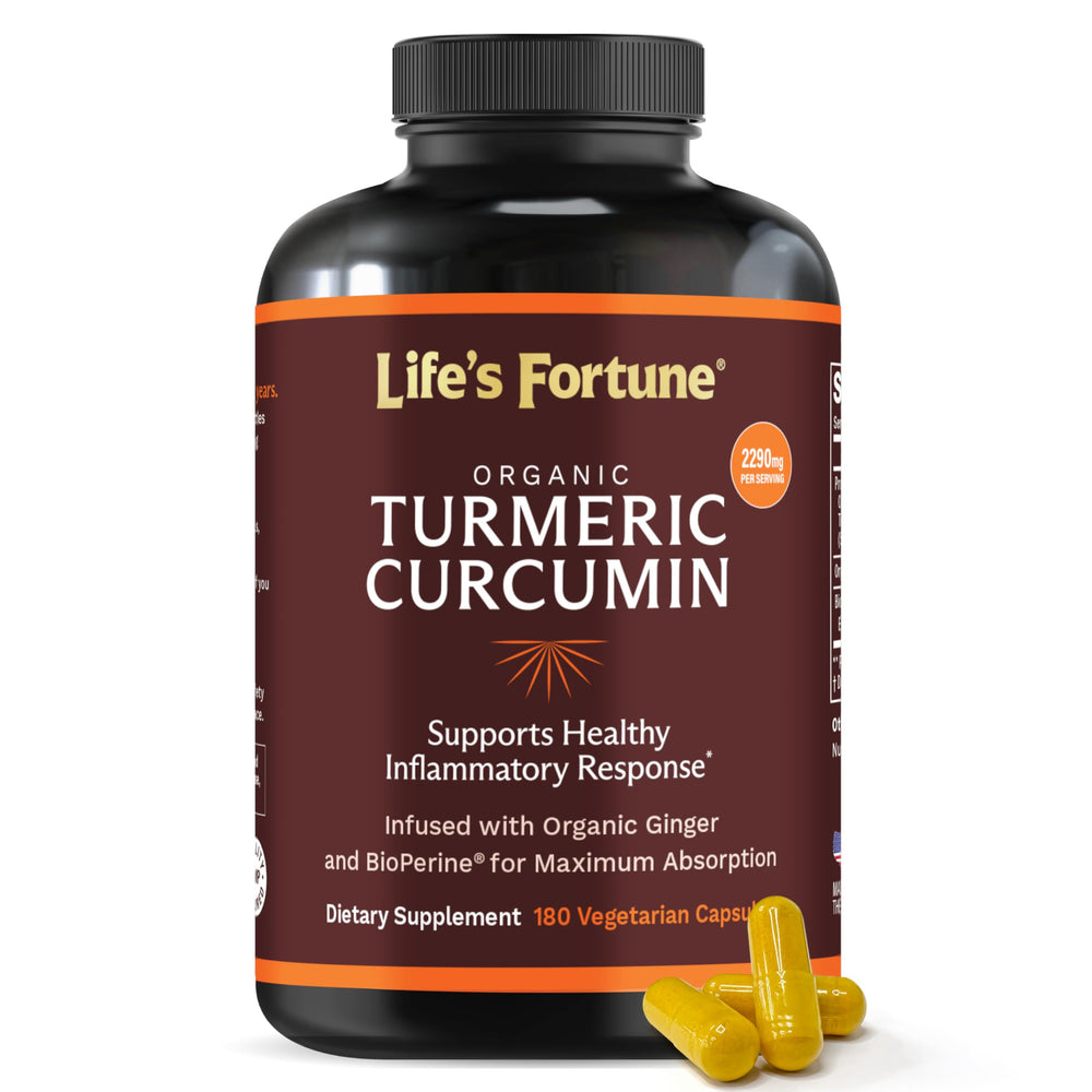 Life's Fortune Organic Turmeric Curcumin bottle showcasing enhanced absorption and daily wellness potential.