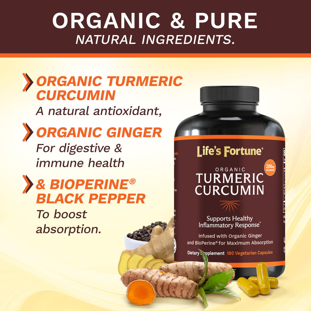 Life's Fortune capsules with ginger and pepper suggesting enhanced absorption for daily use.