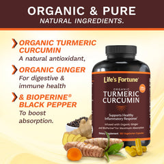 Life's Fortune capsules with ginger and pepper suggesting enhanced absorption for daily use.