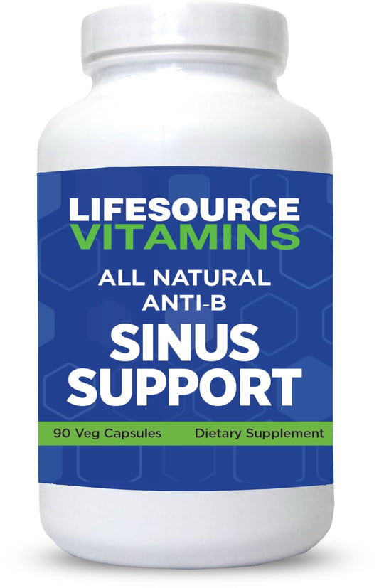 LifeSource Vitamins Anti-B Sinus Support capsules close-up for natural relief.