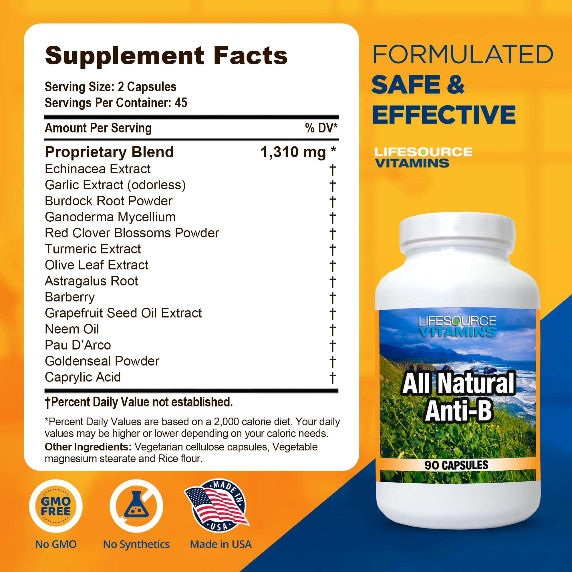 LifeSource Anti-B bottle with label highlights 14 natural ingredients