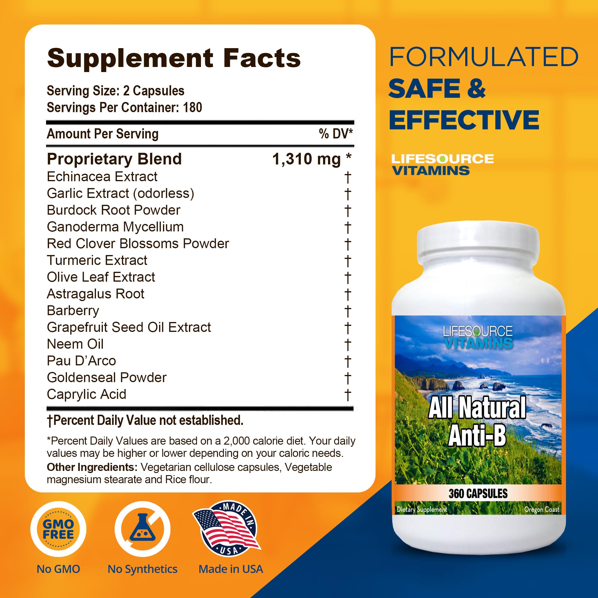 LifeSource Vitamins Anti-B capsules closeup showing natural ingredients