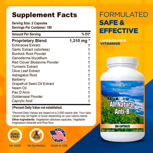 LifeSource Vitamins Anti-B capsules closeup showing natural ingredients