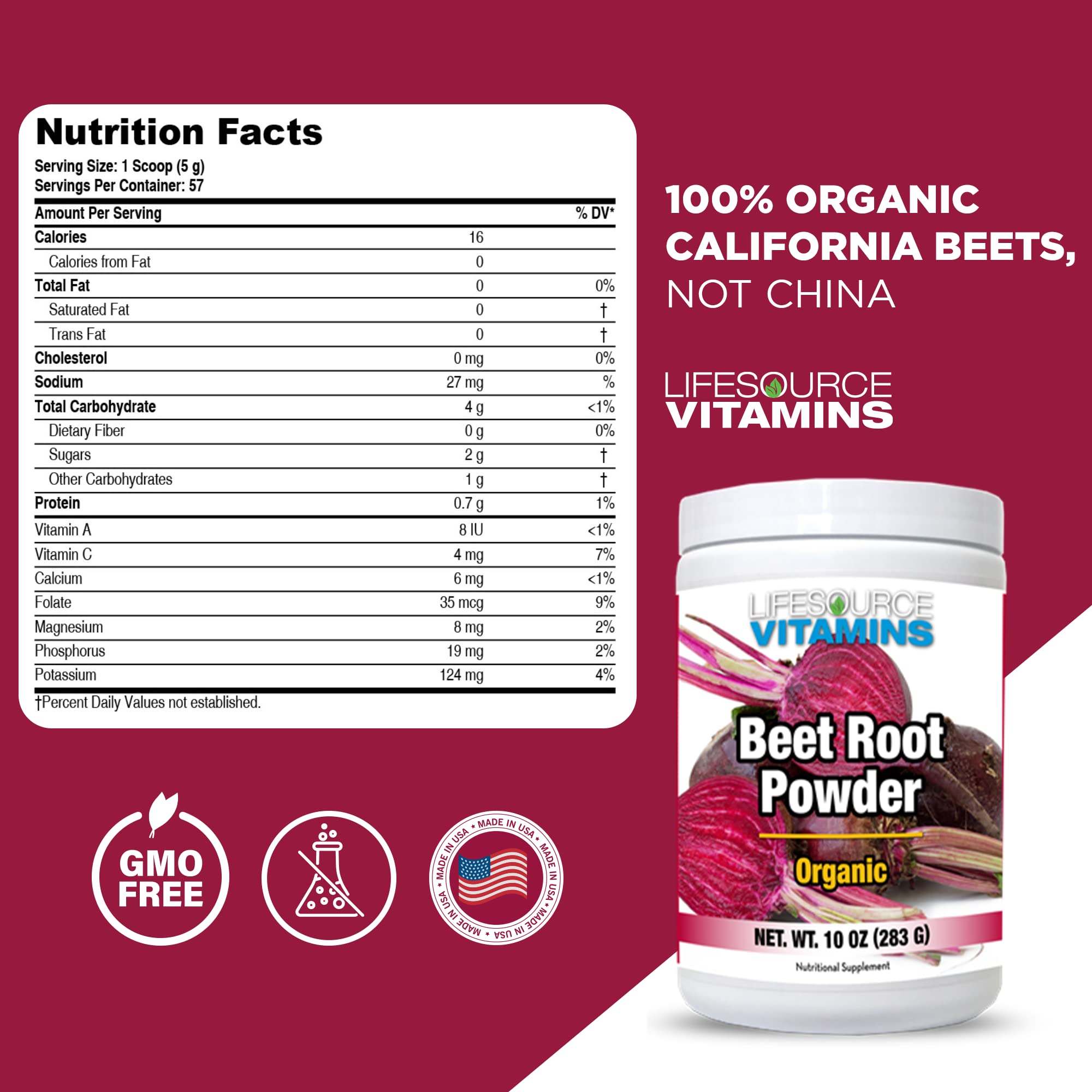 LifeSource Vitamins Beet Root Powder closeup showing rich color and powder texture