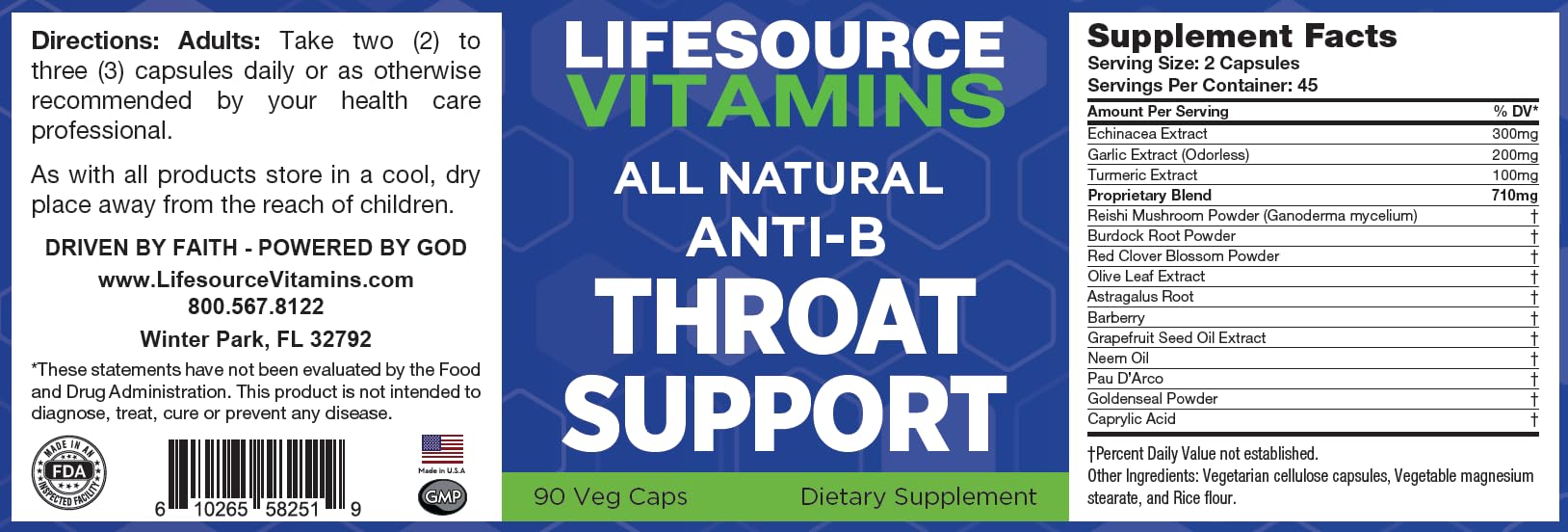 LifeSource Vitamins Throat Support capsules inside show convenient daily protection.