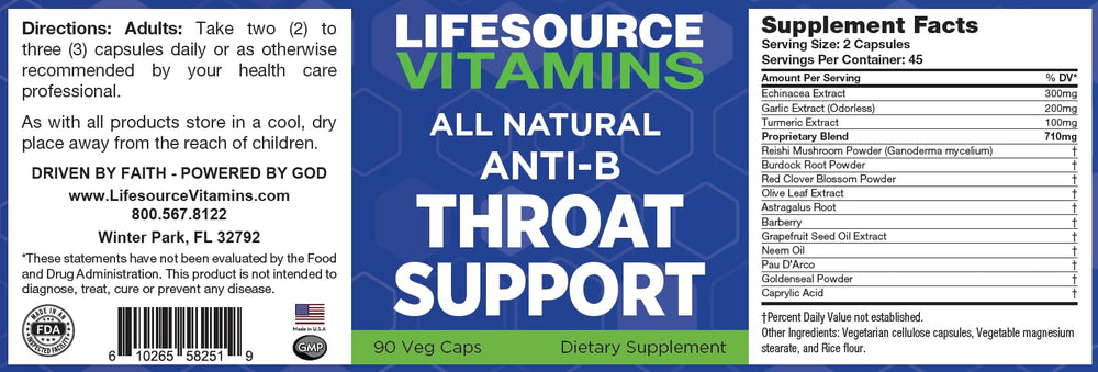 LifeSource Vitamins Throat Support capsules inside show convenient daily protection.