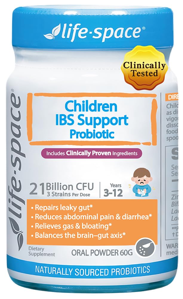 Life-Space Children IBS Support packaging highlights kid-safe probiotic blend.