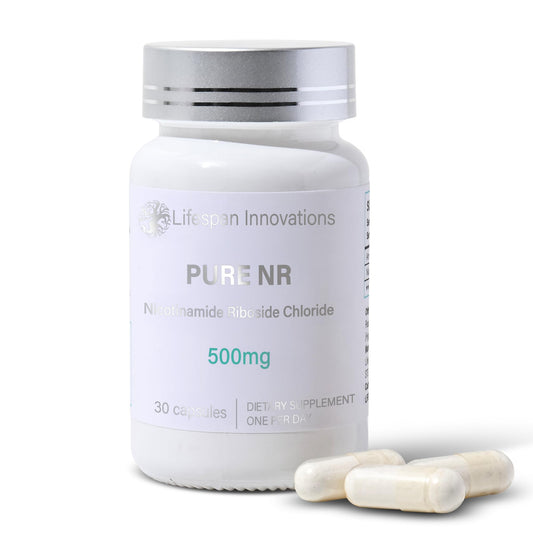 Lifespan Innovations Pure NR 500mg bottle with clean, energy-support formula.