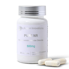 Lifespan Innovations Pure NR 500mg bottle with clean, energy-support formula.