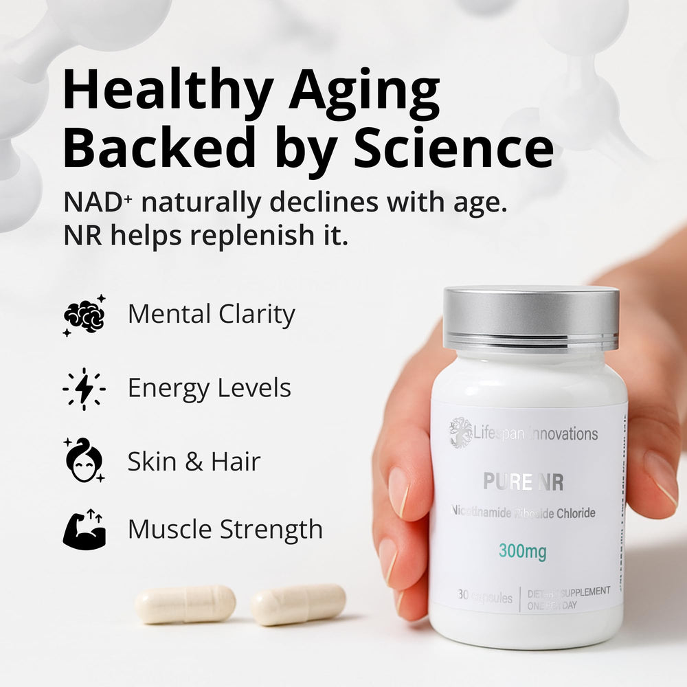 Lifespan Innovations Pure NR capsules for convenient daily use and NAD+ support.