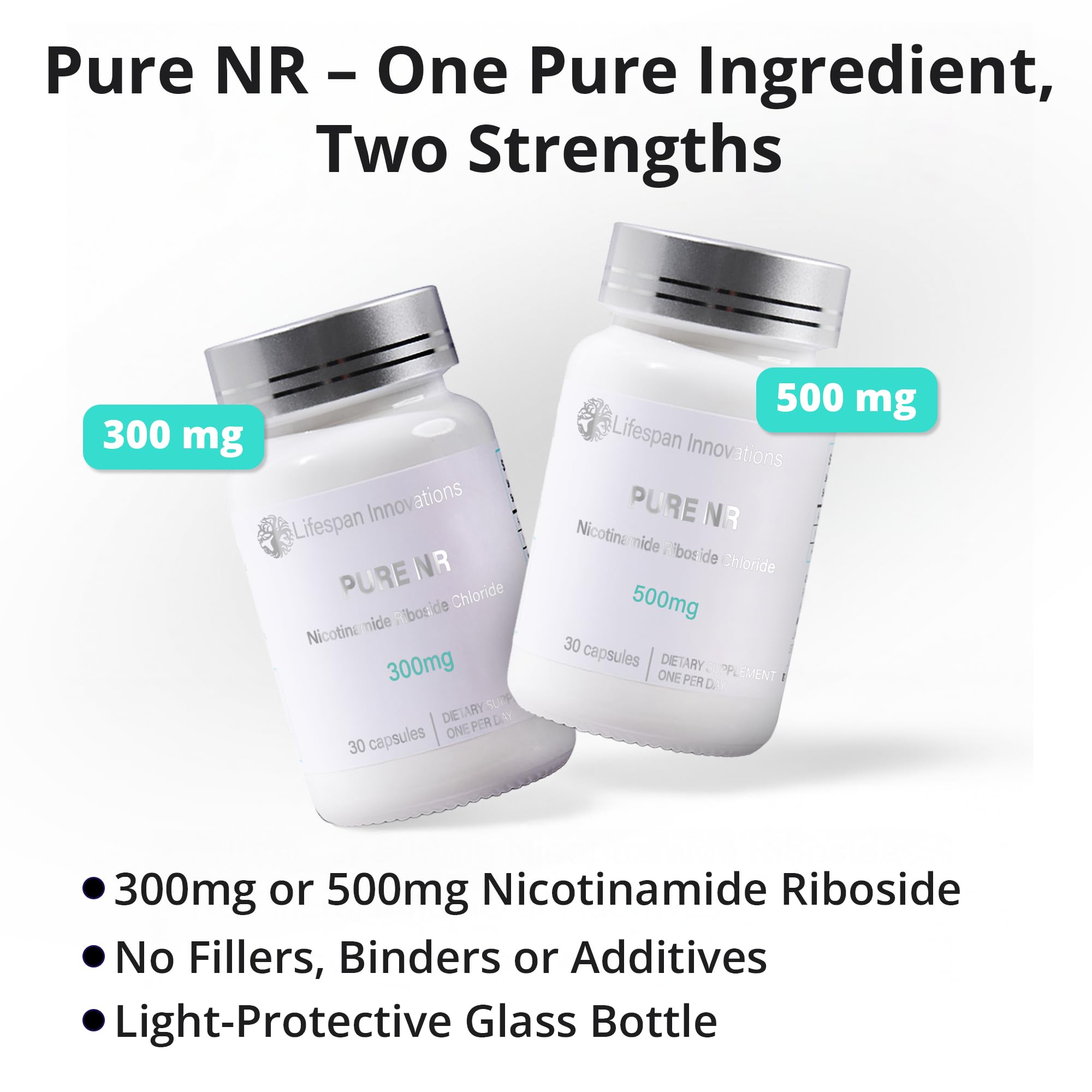 Close-up of Pure NR label highlighting single-ingredient formula and no fillers.