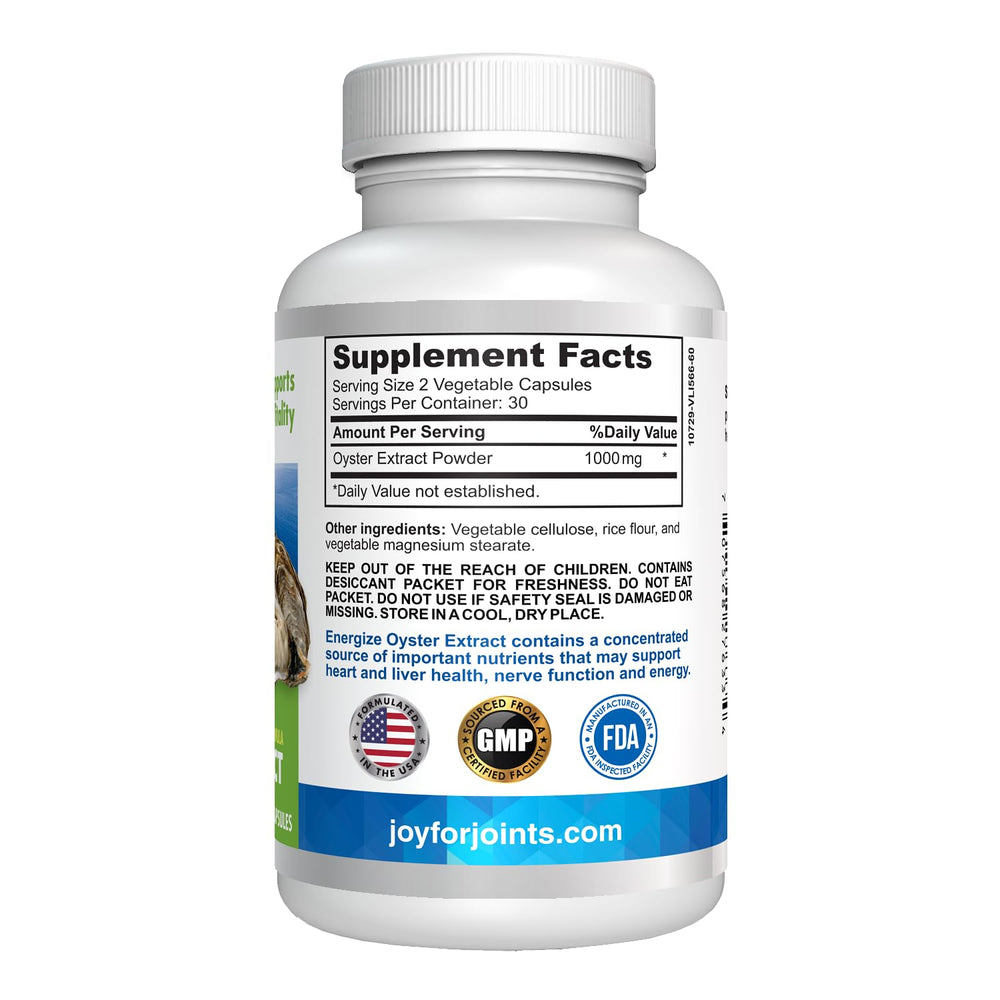 Lifespan Pure Energize label detail with 500 mg oyster extract per capsule.