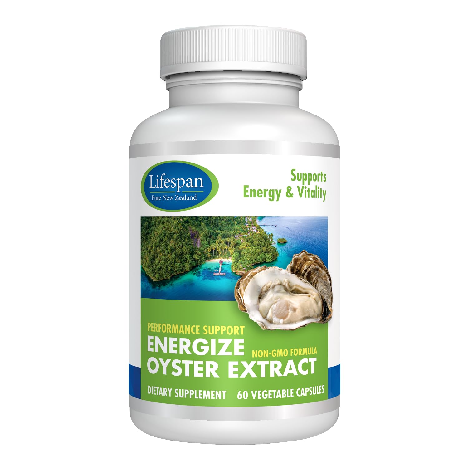 Lifespan Pure Energize oyster extract bottle for daily energy support.