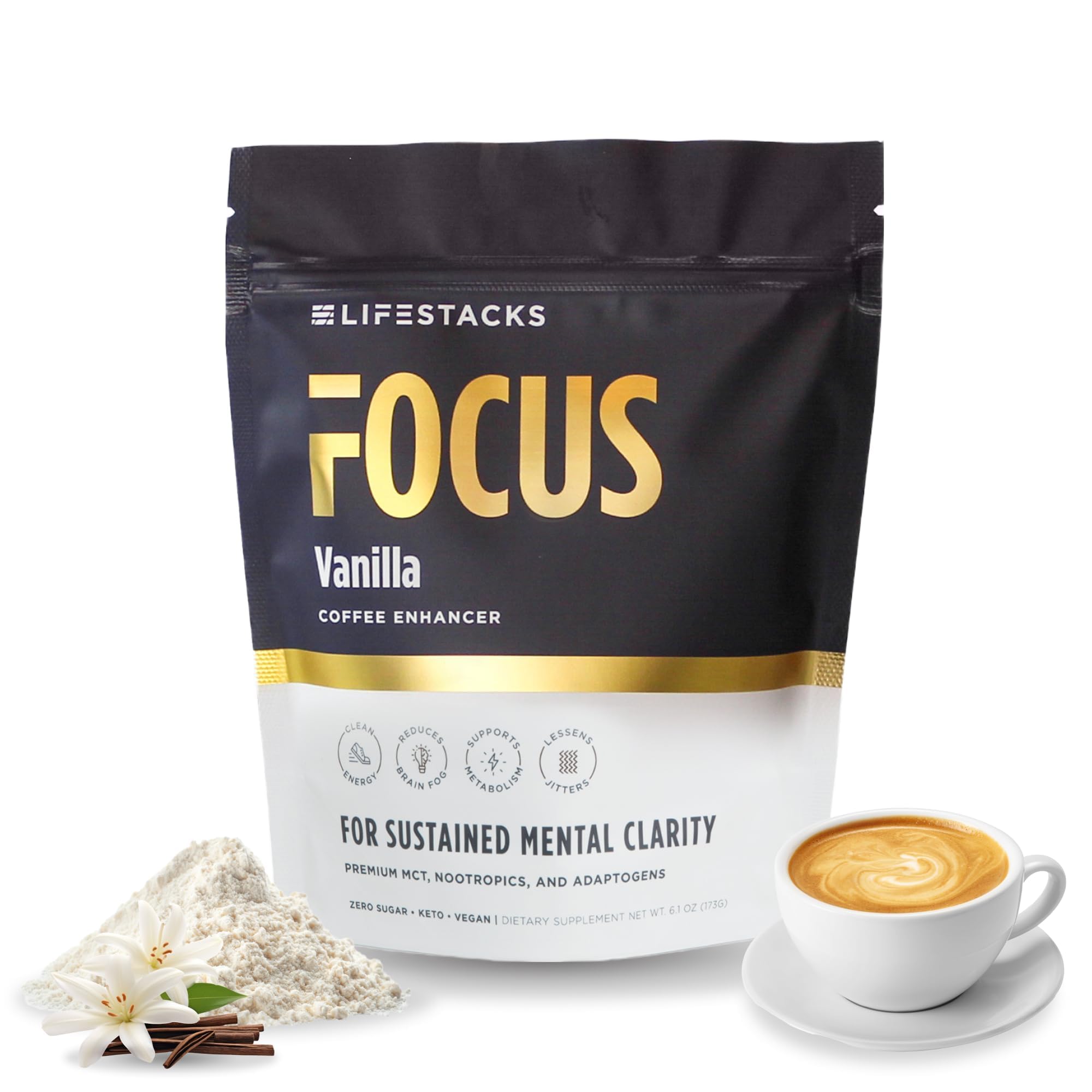 LIFESTACKS Focus coffee creamer being poured for a smooth morning boost.