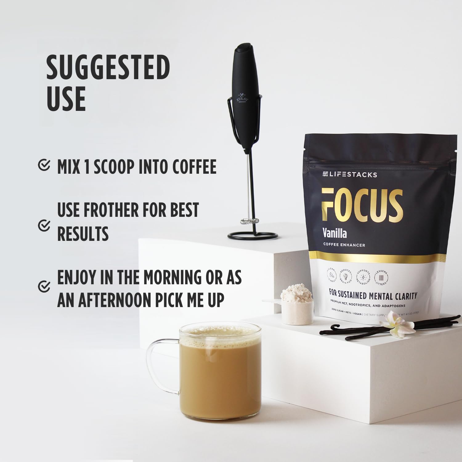 LIFESTACKS Focus ingredients in glass jar show quality, non-GMO and vegan appeal.
