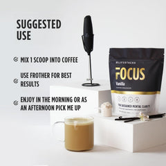 LIFESTACKS Focus ingredients in glass jar show quality, non-GMO and vegan appeal.
