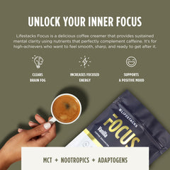 LIFESTACKS Focus vanilla flavor powder scoop demonstrating easy morning ritual.