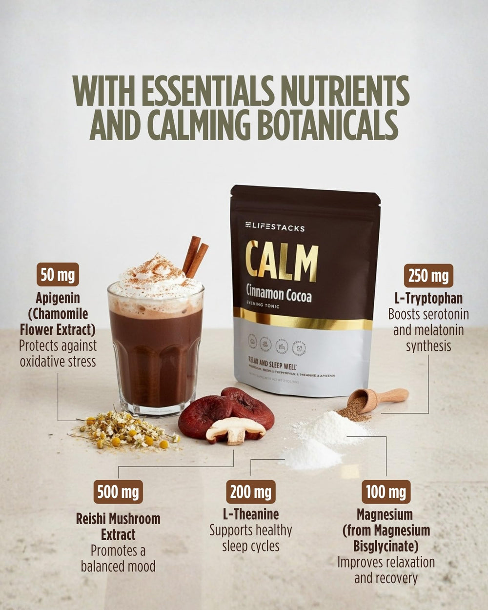 LIFESTACKS Reishi Mushroom Extract bottle highlights a calming evening supplement