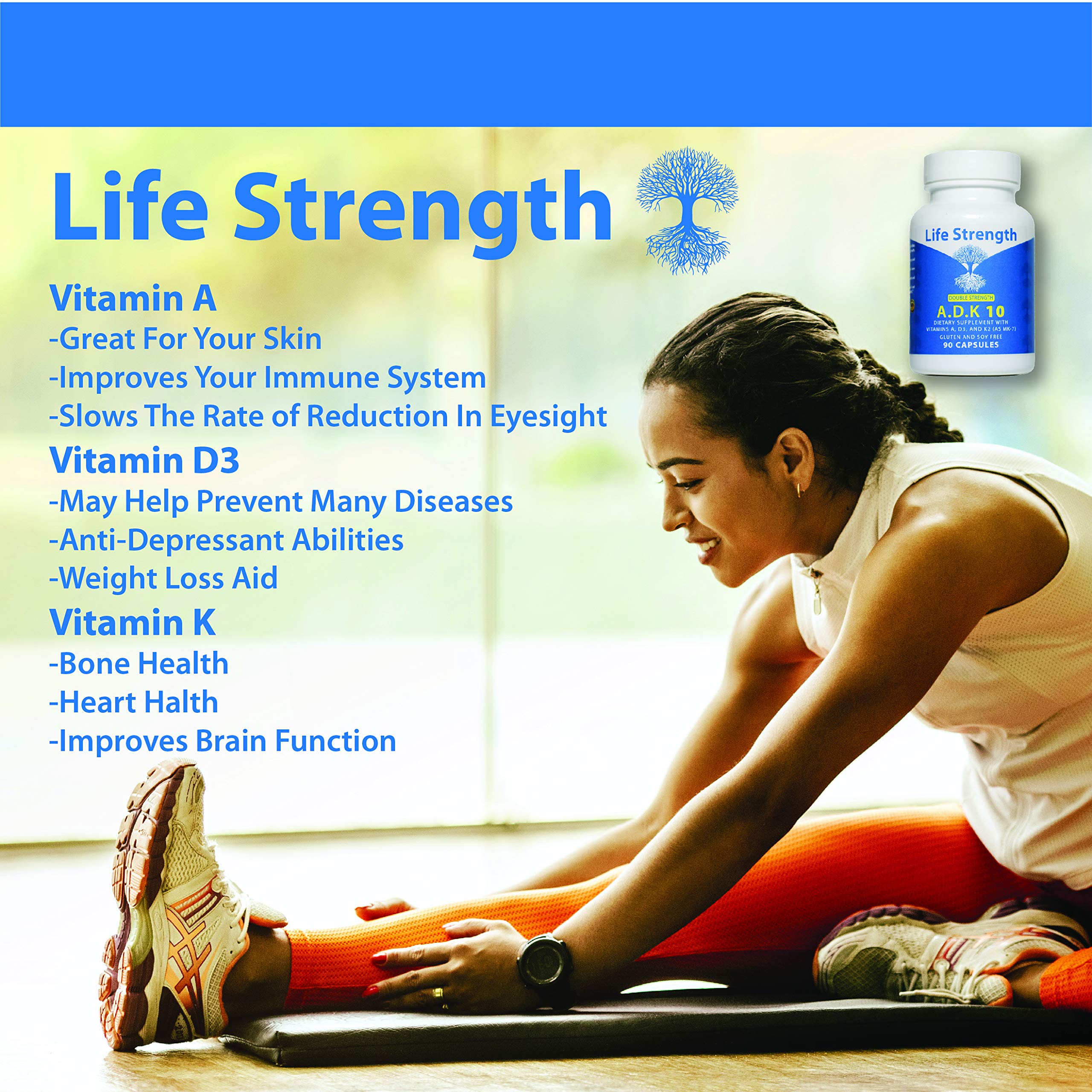 LifeStrength ADK 10 label detail showing D3 and MK7 K2 blend