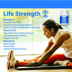LifeStrength ADK 10 label detail showing D3 and MK7 K2 blend