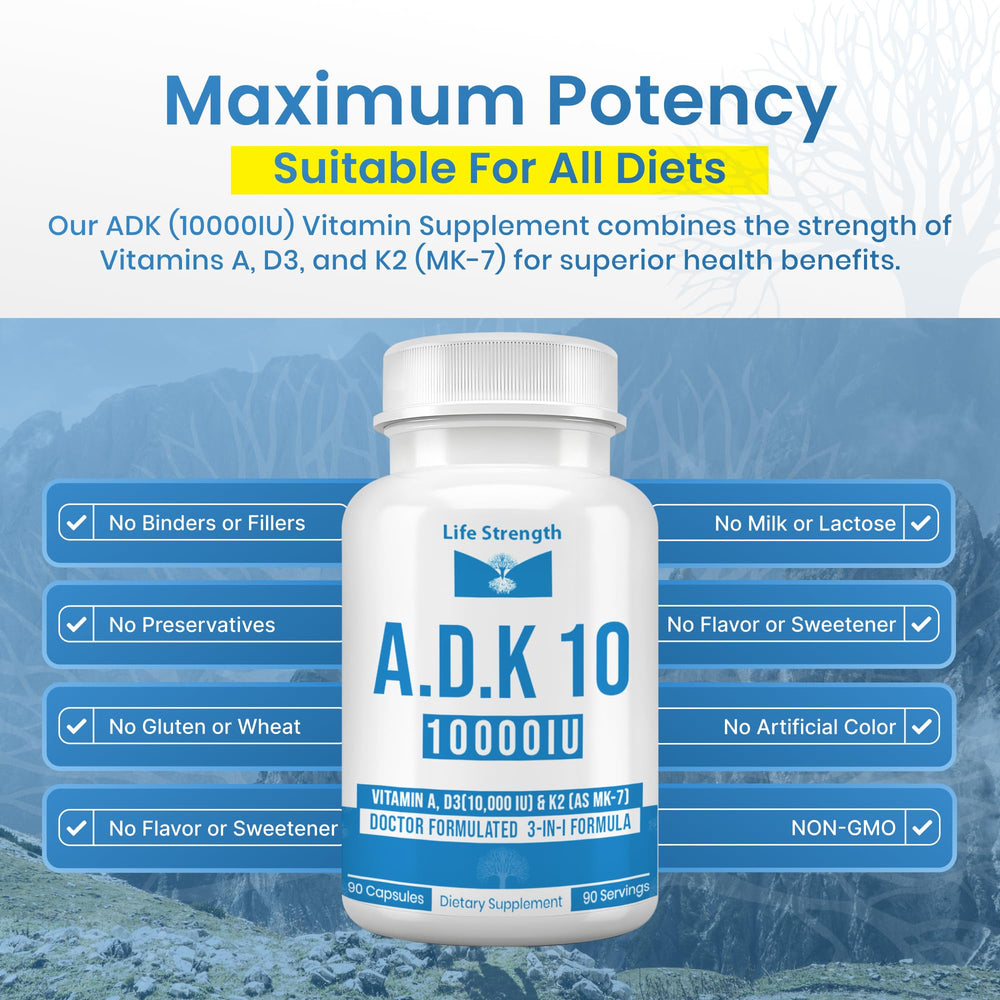 LifeStrength ADK bottle label graphic shows MK7 D3 synergy for bone health