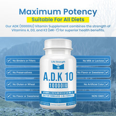 LifeStrength ADK bottle label graphic shows MK7 D3 synergy for bone health