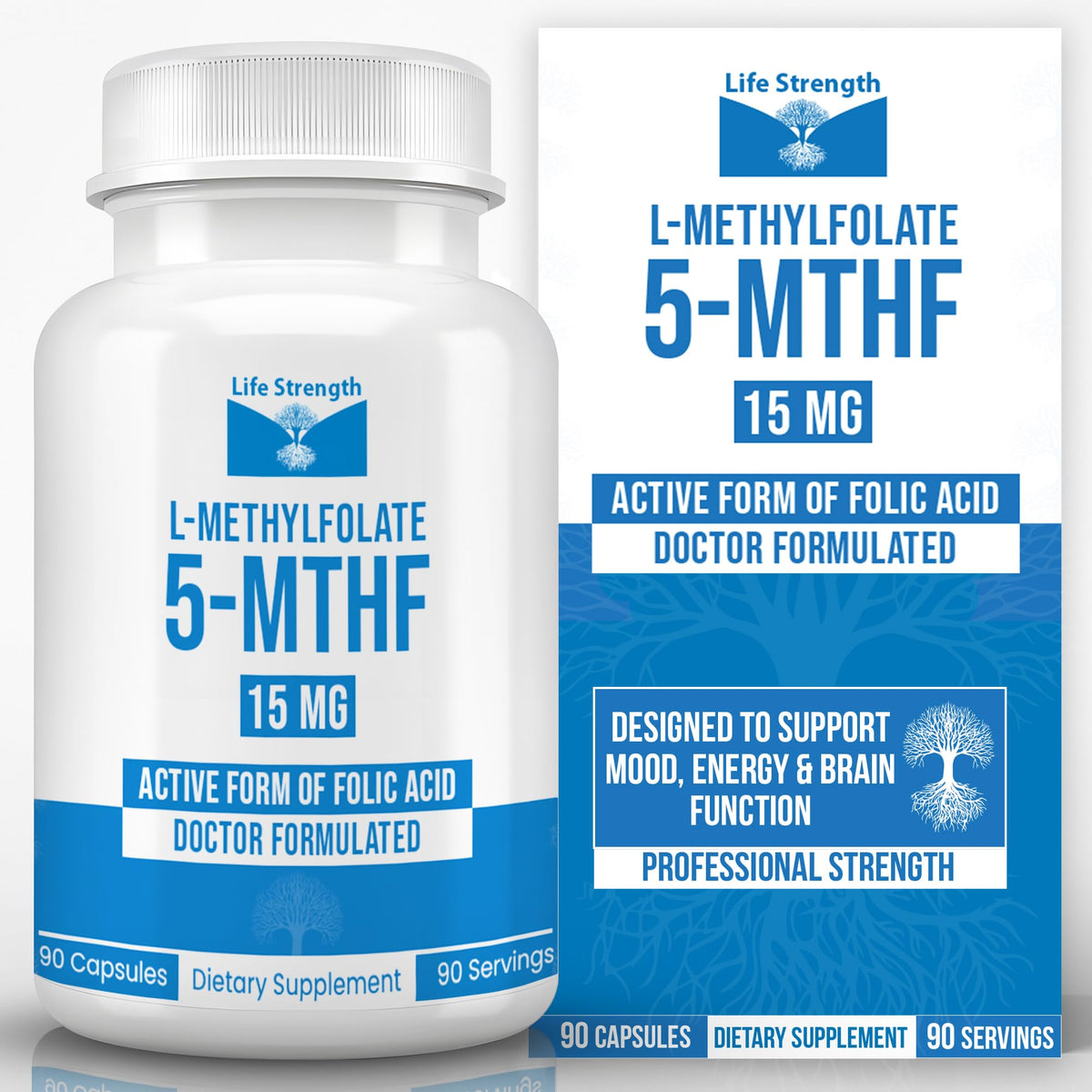 LifeStrength L-Methylfolate 15mg bottle on desk for daily energy support.