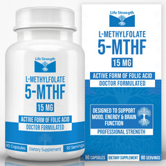 LifeStrength L-Methylfolate 15mg bottle on desk for daily energy support.
