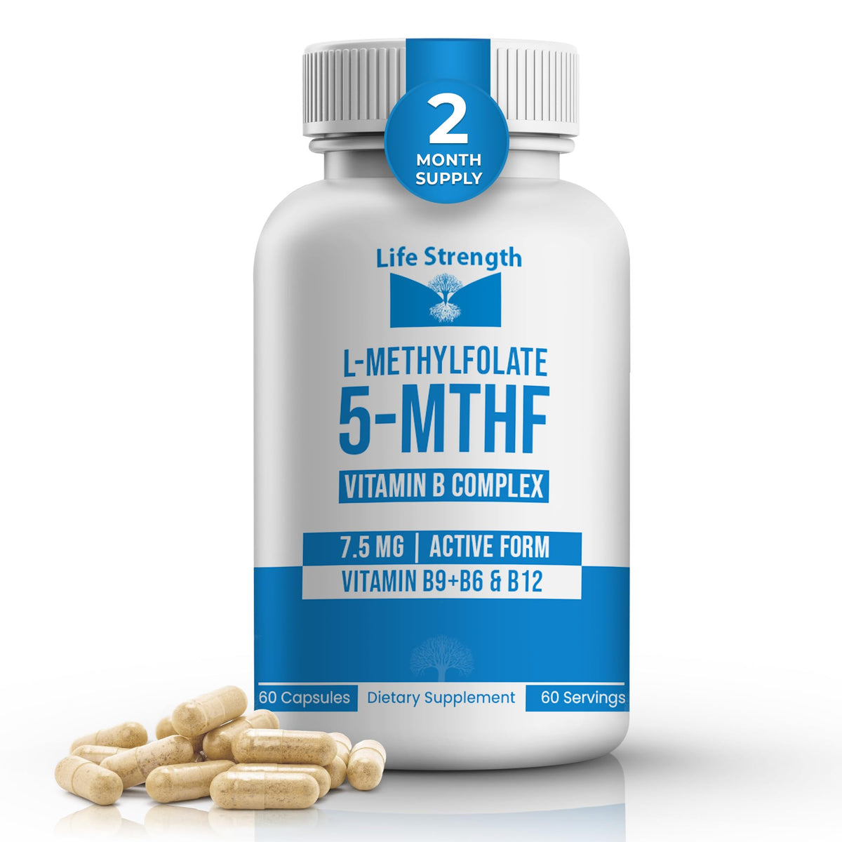 LifeStrength L-Methylfolate bottle front shows non-GMO energy support formula