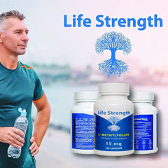Packaging showing LifeStrength L-Methylfolate with 120 capsules and 15 mg dose.